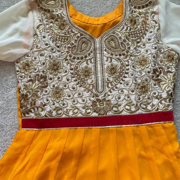 [NEW] Indian Pakistani Anarkali Gown Salwar Ethnic Suit Gold Coral Red XS - Picture 2 of 10